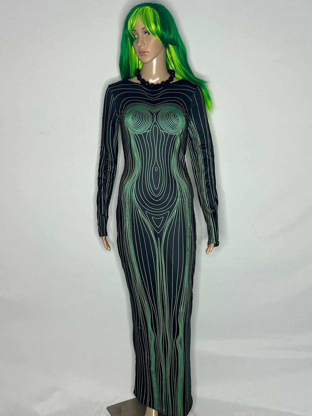 Women’s Black Neon Green Optical Illusion Dress Open Back Festival Halloween S